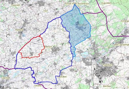 Für den blau schraffierten Bereich der Karte ist das Beobachtungsgebiet aufgehoben. Die kreisweit geltende Aufstallpflicht besteht weiterhin. © Foto: Kreis Paderborn